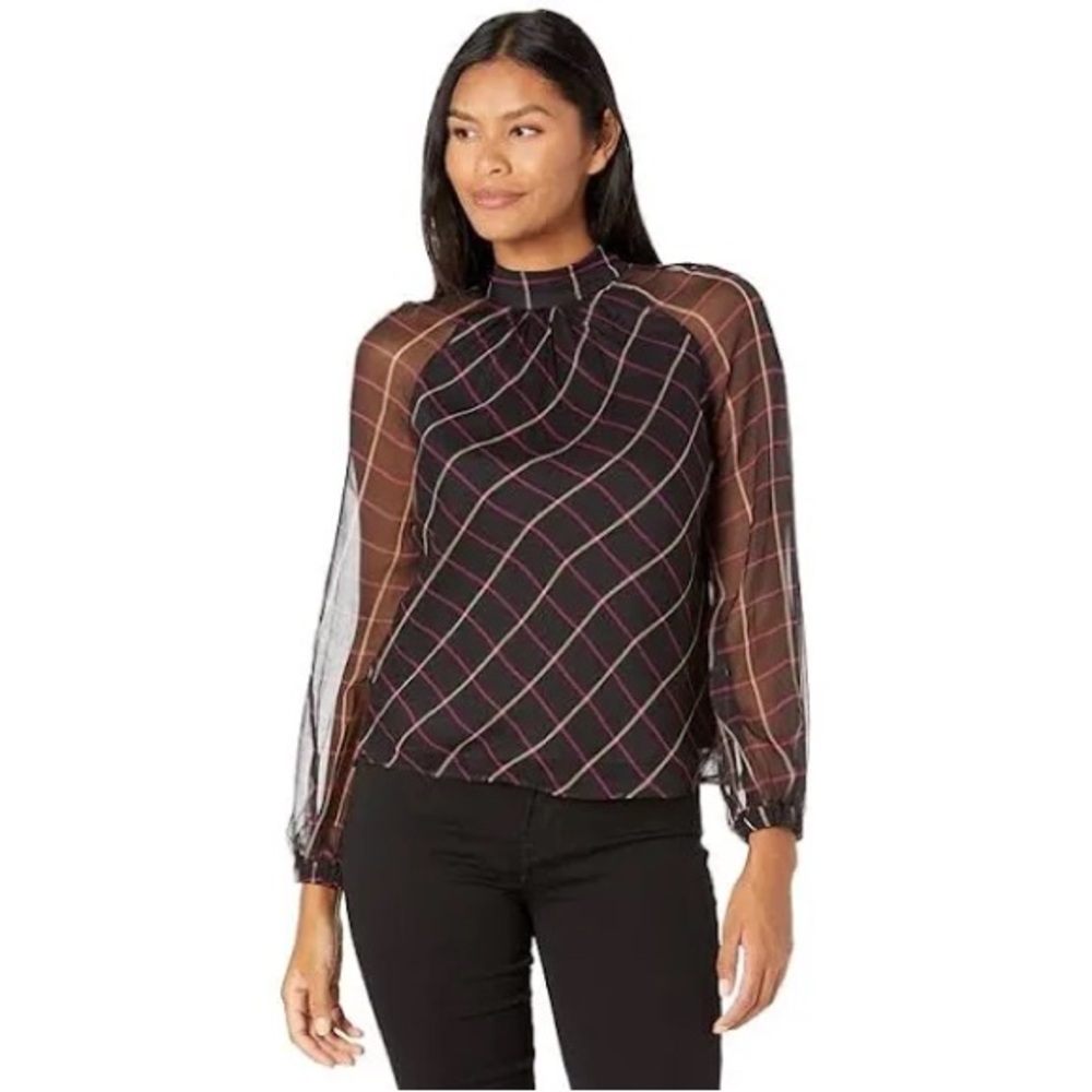 New MILLY Sioane Windowpane Chiffon Top